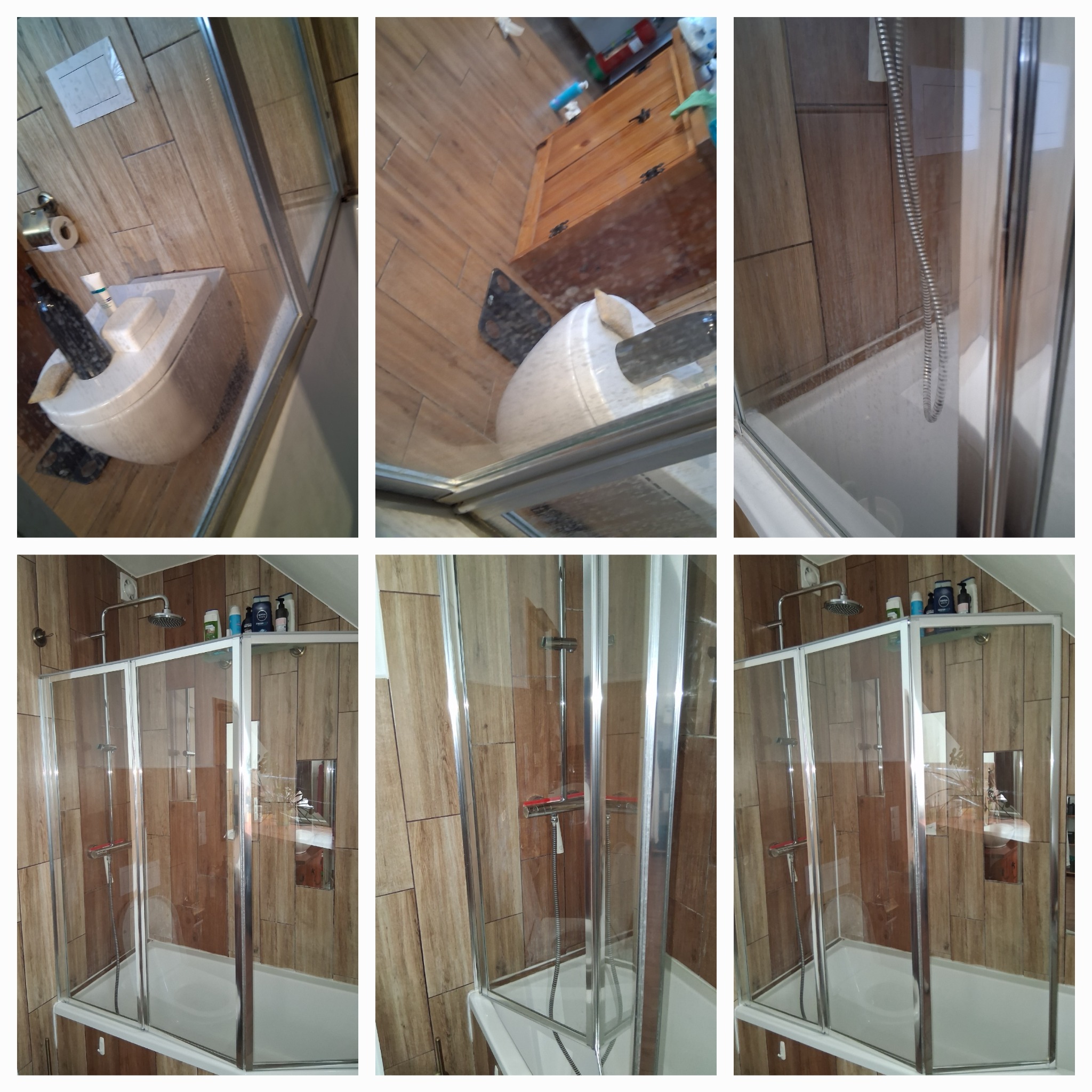 Wnętrze łazienki z kabiną prysznicową po sprzątaniu. Widoczne czyste płytki imitujące drewno i lśniąca kabina. Umywalka z akcesoriami.