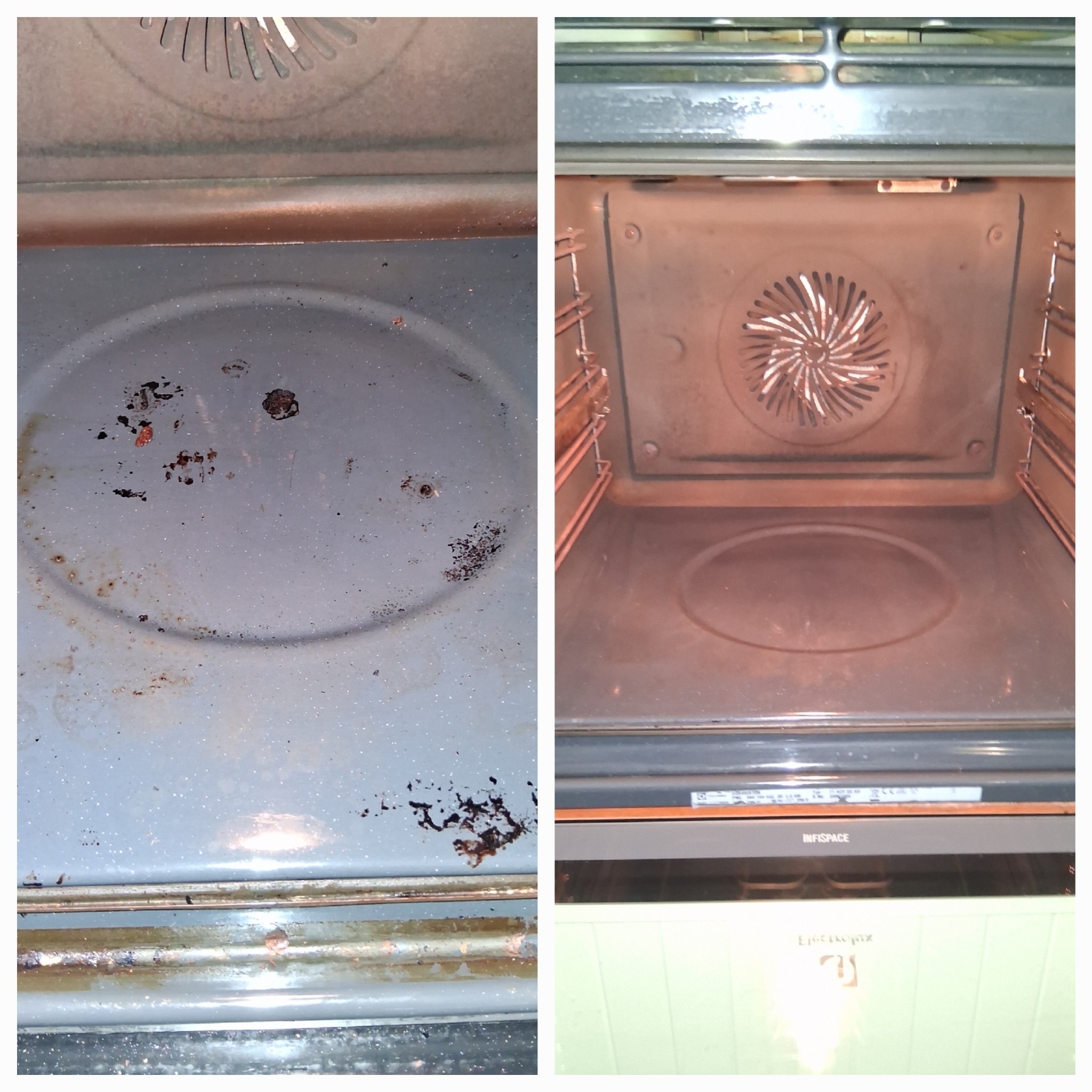 Zdjęcie 'przed i po' czyszczenia wnętrza piekarnika. Po lewej brudny, po prawej czysty piekarnik z widoczną grzałką i prowadnicami. Widoczne detale zabrudzeń i efekt końcowy.