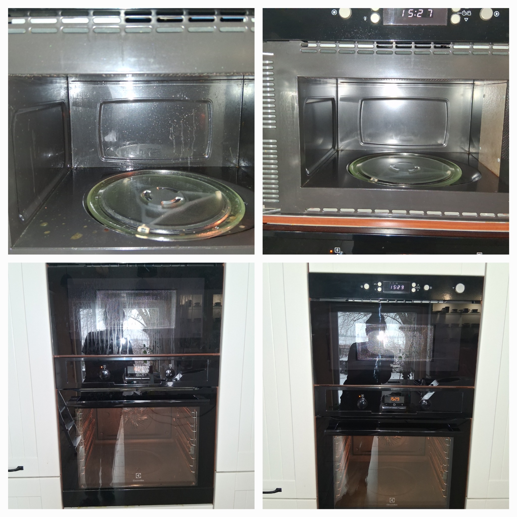 Zestawienie przed i po: wnętrze brudnej mikrofalówki z obrotowym talerzem vs. czysta mikrofalówka. Dolne ujęcie: brudny piekarnik vs. czysty piekarnik zabudowany w białej szafce.