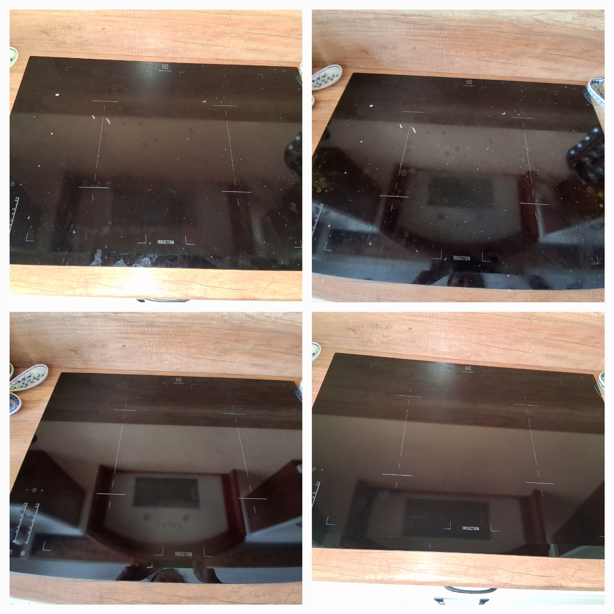 Czteropanelowe ujęcie płyty indukcyjnej Electrolux przed i po czyszczeniu, ukazujące różnicę w połysku i usunięciu zabrudzeń na tle drewnianego blatu.