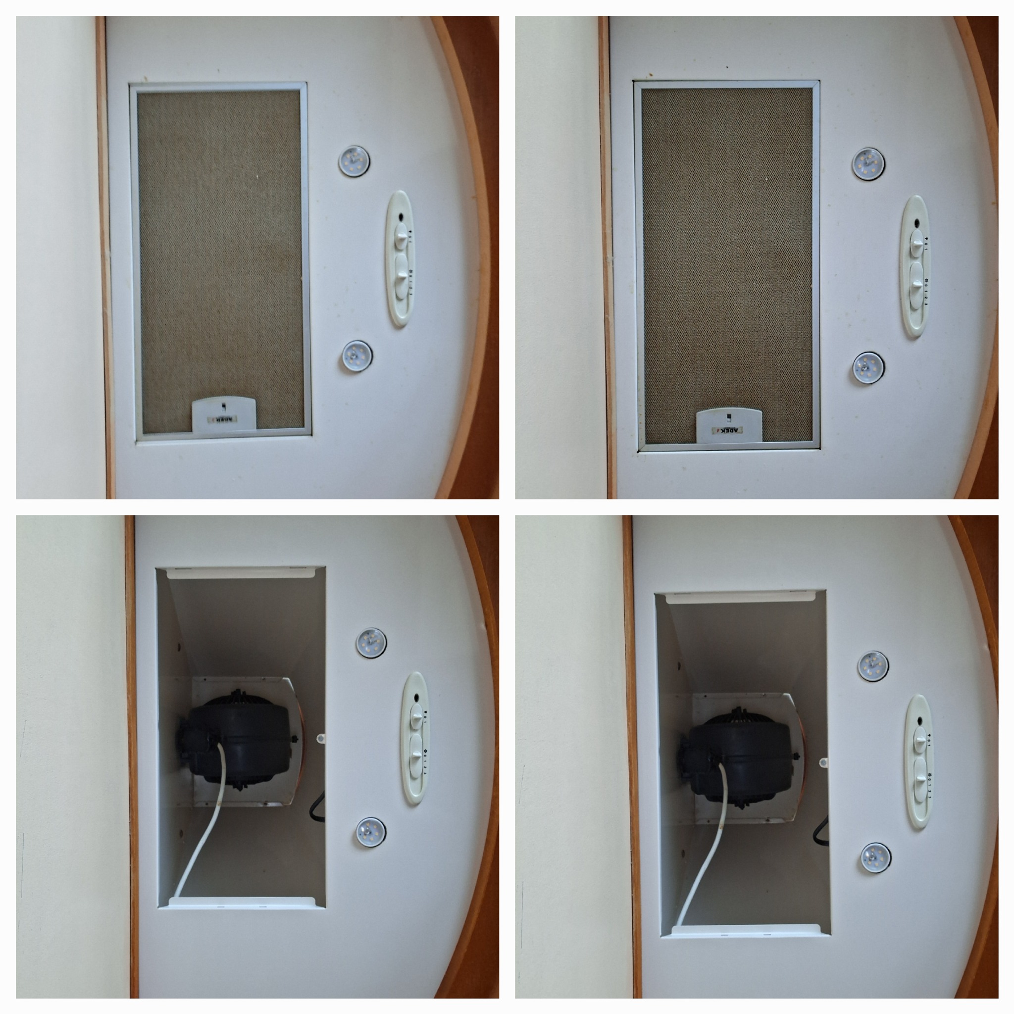 Cztery ujęcia okapu kuchennego: z filtrem i bez, ukazujące wnętrze z wentylatorem, oświetlenie LED i panel sterowania. Widoczne zabrudzenia na obudowie.