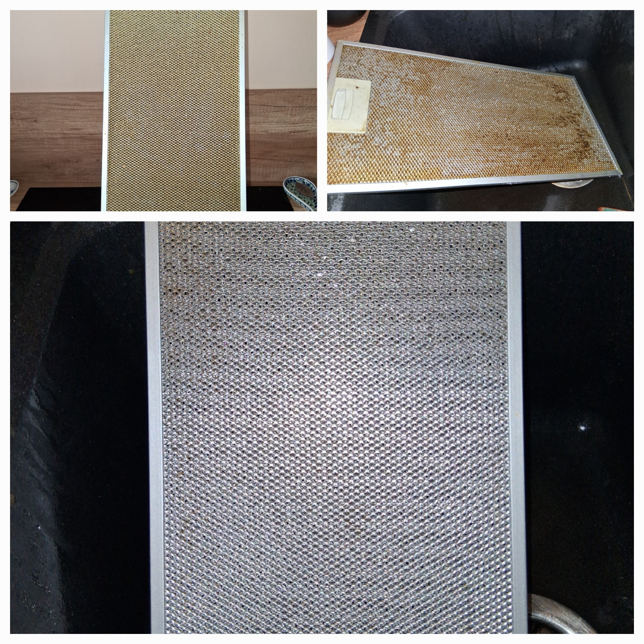 Filtr okapu kuchennego: po lewej - przed czyszczeniem, po prawej - po czyszczeniu. Widoczne różnice w zabrudzeniu i kolorze siatki.