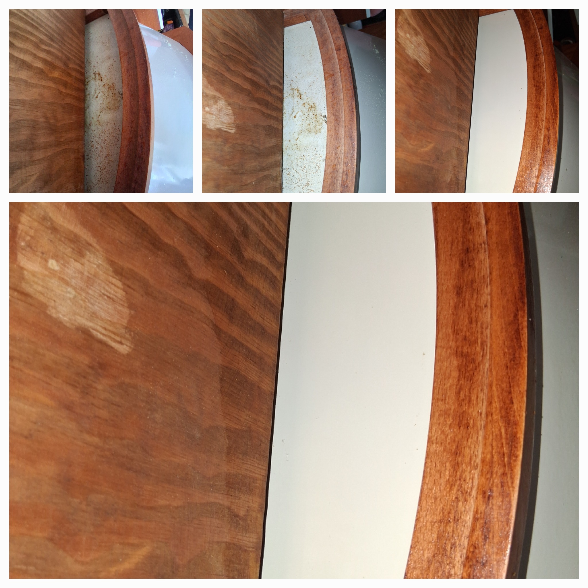 Kolaż 'przed i po' prezentujący fragment drewnianej powierzchni z wyraźnymi zabrudzeniami, a następnie po usunięciu zanieczyszczeń, ukazując czystą powierzchnię.