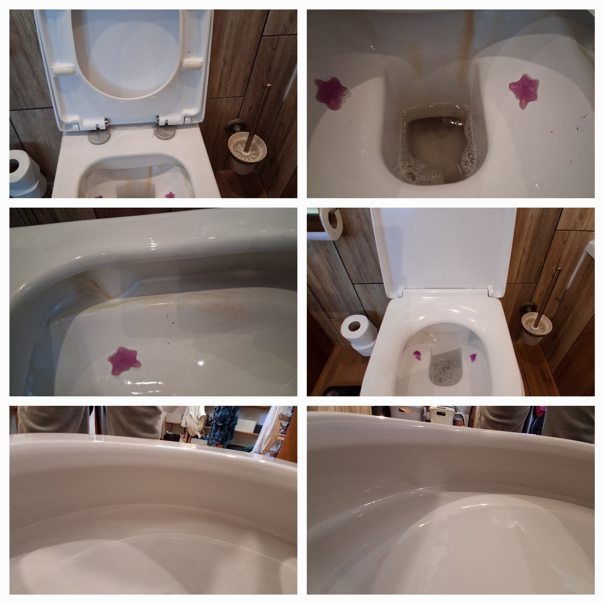 Kolaż prezentujący toaletę przed i po czyszczeniu, z widocznymi osadami i środkiem czyszczącym w kształcie gwiazdek. Widoczne detale: deska sedesowa, uchwyt na papier.