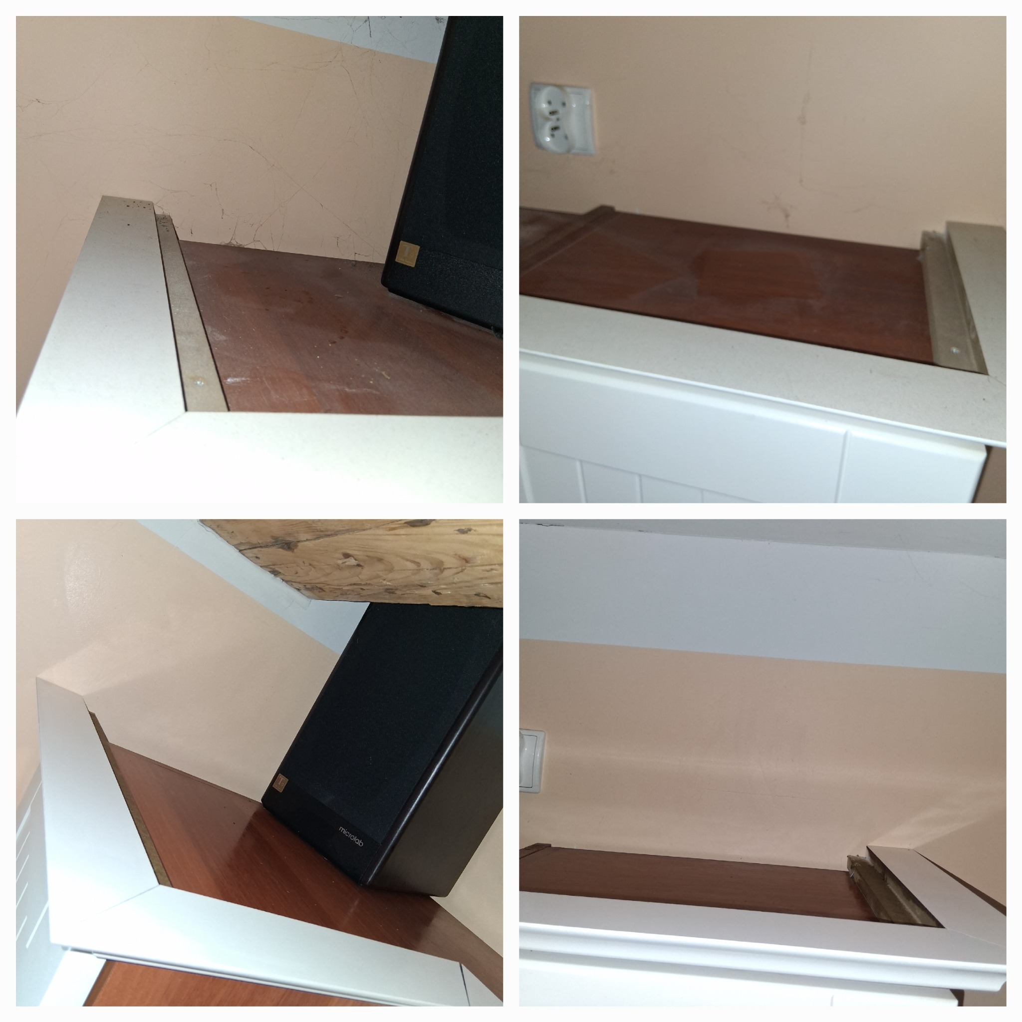 Cztery kadry z wnętrza: półka z głośnikiem, gniazdko elektryczne, ściana z widocznymi zabrudzeniami i pęknięciami, drewniany element konstrukcyjny pod sufitem.