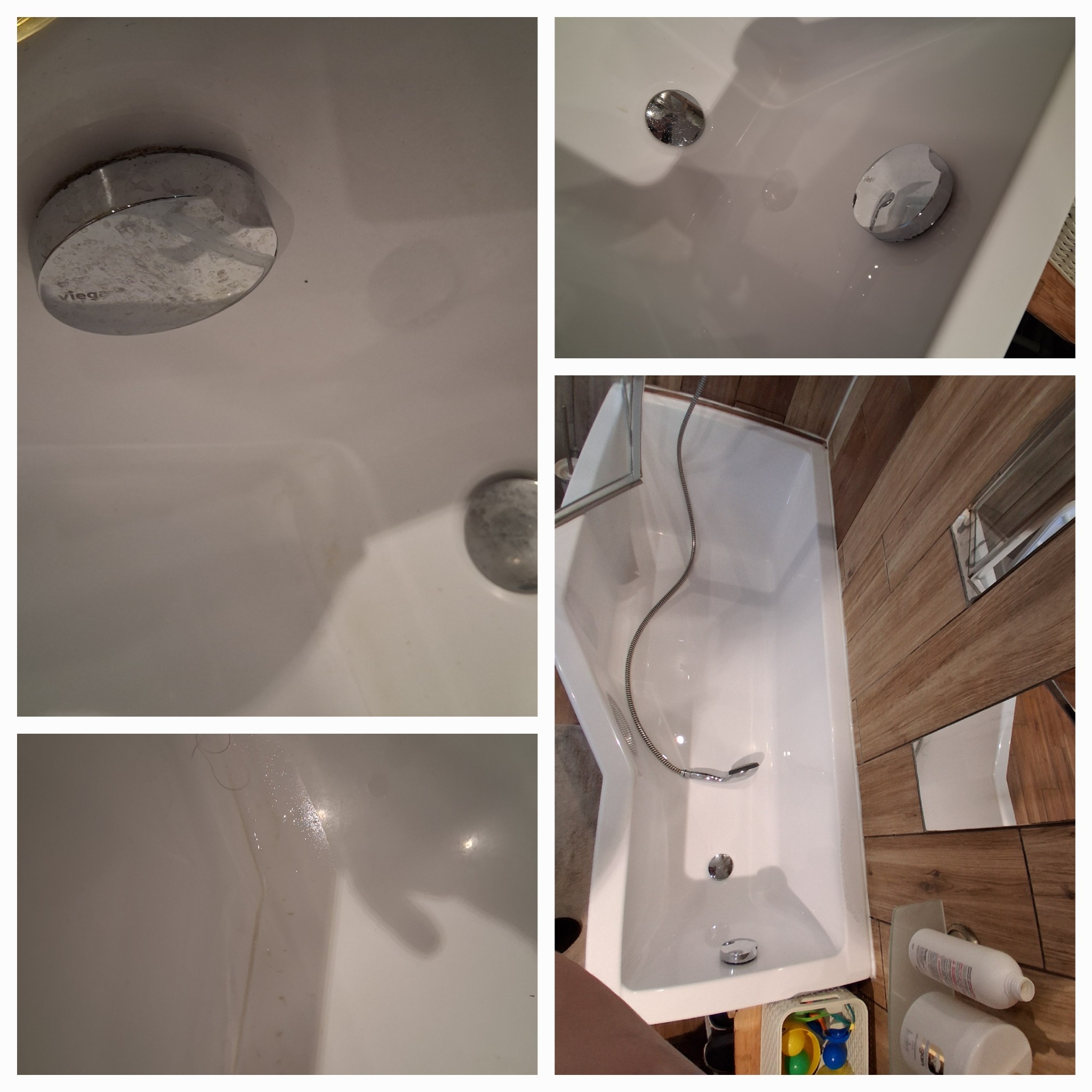 Wanna po czyszczeniu: lśniąca biel, chromowane elementy armatury bez osadów, widoczne detale czystości na powierzchni i w narożnikach.