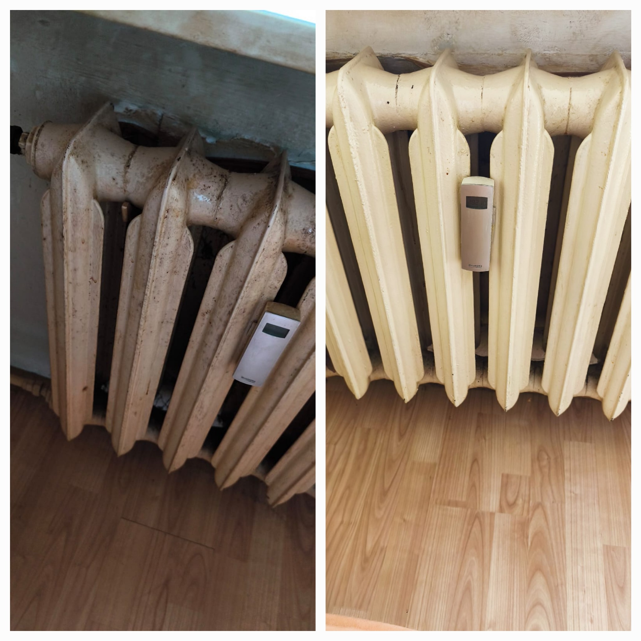 Zdjęcie 'przed i po' czyszczenia żeliwnego grzejnika, z widocznym termometrem. Po lewej grzejnik brudny, po prawej czysty, z jasną farbą i bez zabrudzeń.