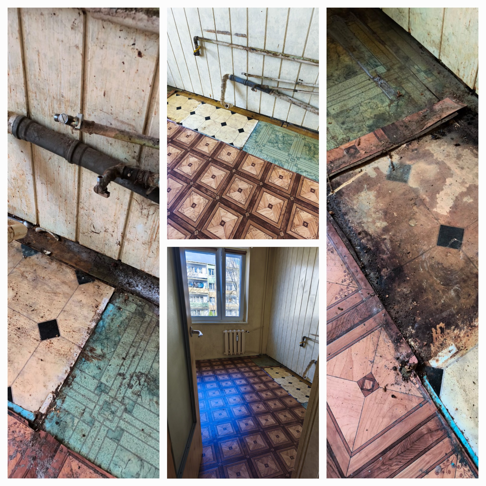 Wnętrze pokoju przed remontem: brudna podłoga z linoleum o różnych wzorach, stare rury przy ścianie, widok na okno. Potrzebne gruntowne odświeżenie.