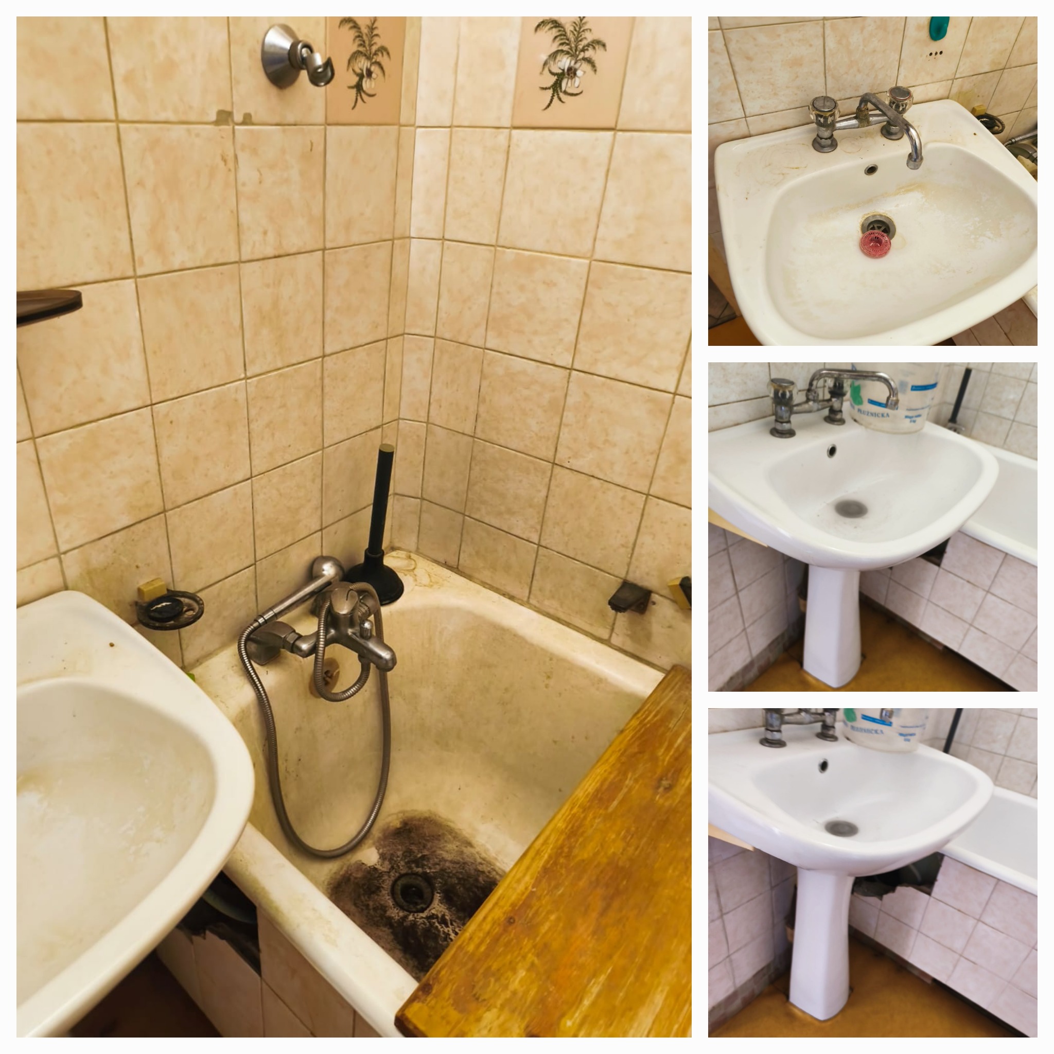 Zestawienie: brudna wanna z osadem i zacieki na kafelkach, obok umywalki przed i po czyszczeniu. Widoczne różnice w bieli i połysku ceramiki.