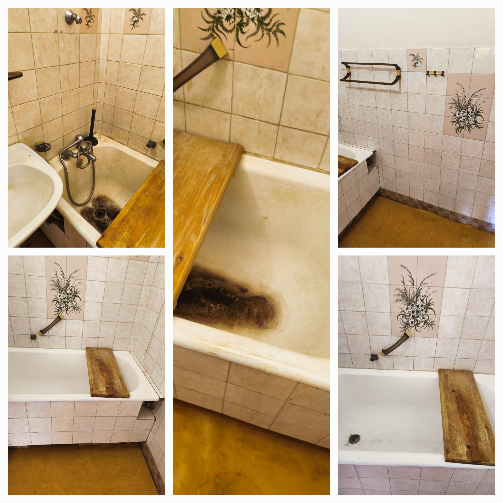 Zestawienie zdjęć brudnej wanny przed czyszczeniem: widoczne osady, plamy i ogólny brak higieny. Na kafelkach dekoracyjne motywy roślinne. Deska na wannie.