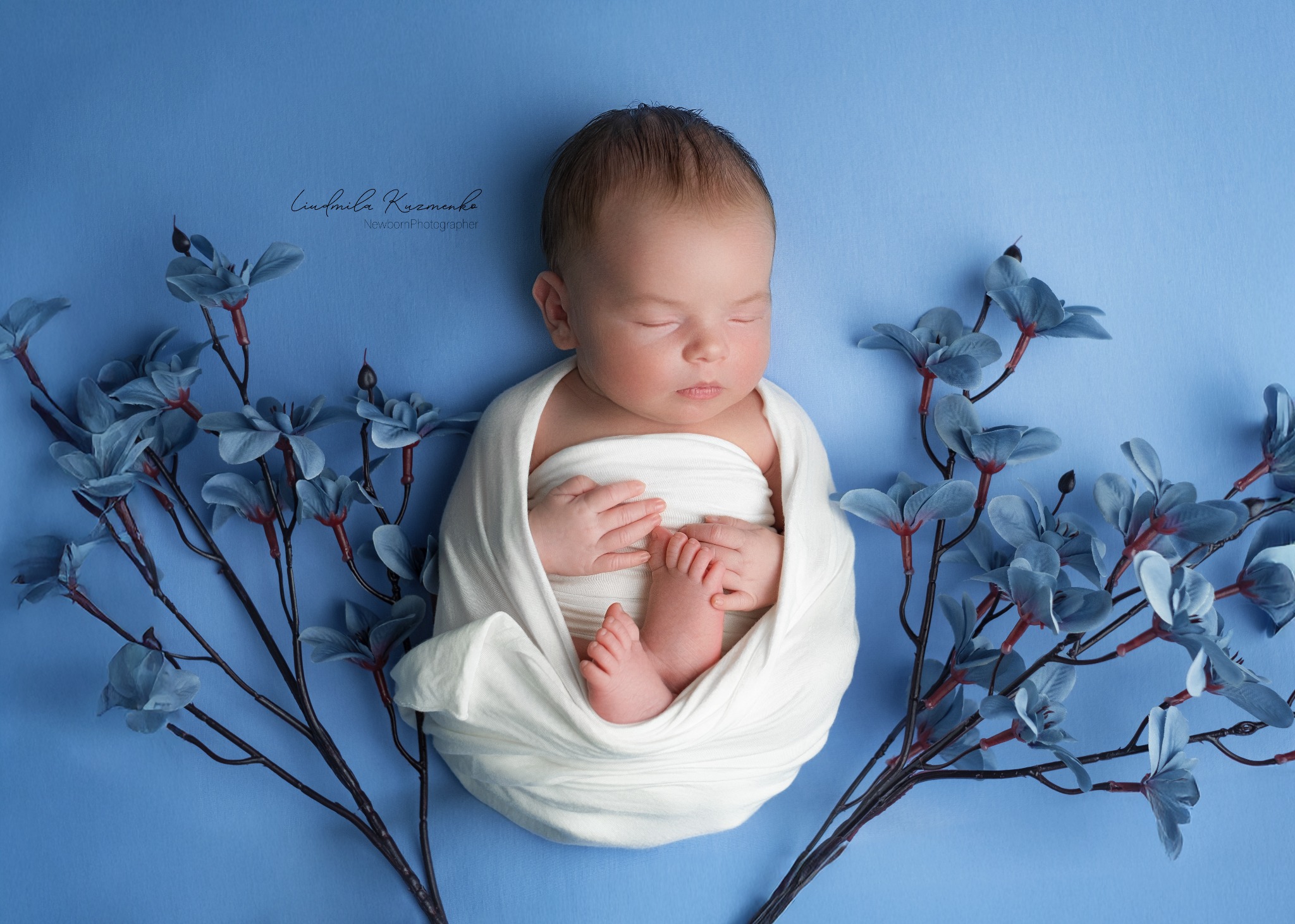 Śpiący noworodek owinięty w białą tkaninę na błękitnym tle, otoczony gałązkami z błękitnymi kwiatami, delikatna aranżacja, widok z góry.