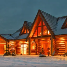 Zimowy krajobraz: Oświetlony dom z bali z dachem pokrytym śniegiem, widoczny o zmierzchu. Ciepłe światło w oknach kontrastuje z chłodem otoczenia.
