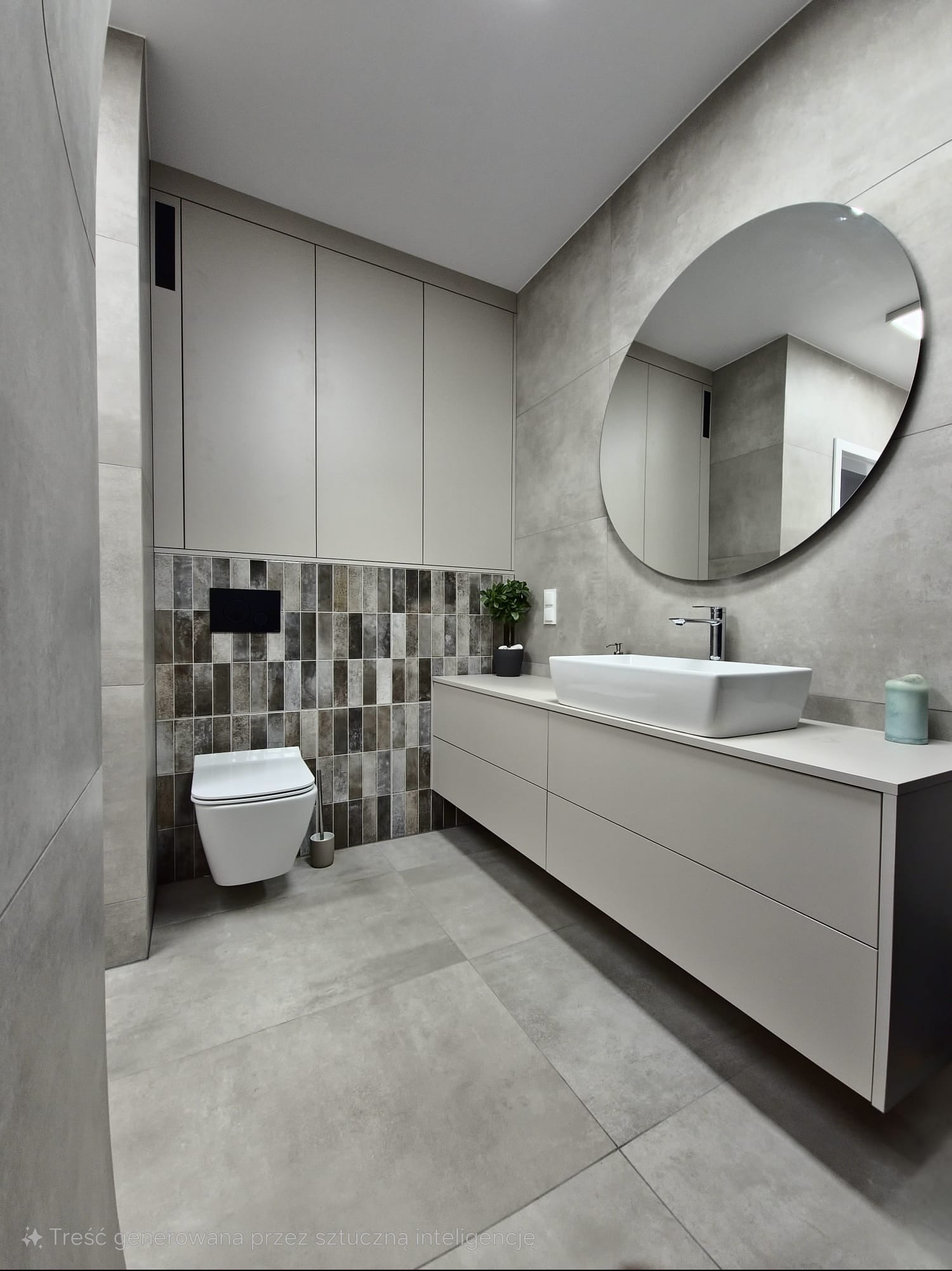 Nowoczesna łazienka w szarościach z wiszącą toaletą, umywalką nablatową i okrągłym lustrem. Ciekawy akcent stanowią płytki dekoracyjne za toaletą.