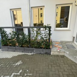 PatPro Bau - Zewnętrzna zabudowa balkonu z roślinami w donicach z szarej kostki. Na pierwszym planie mokra, brukowa nawierzchnia i fragment zielonego żywopłotu.