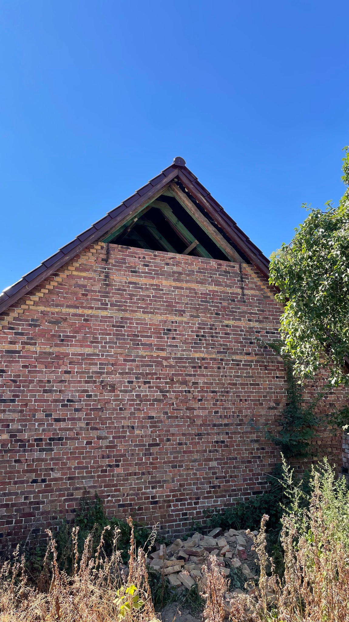 Fragment murowanej ściany z cegły, z widocznym fragmentem dachu i drewnianą konstrukcją. U dołu gruz i roślinność, po prawej drzewo. Całość na tle błękitnego nieba.
