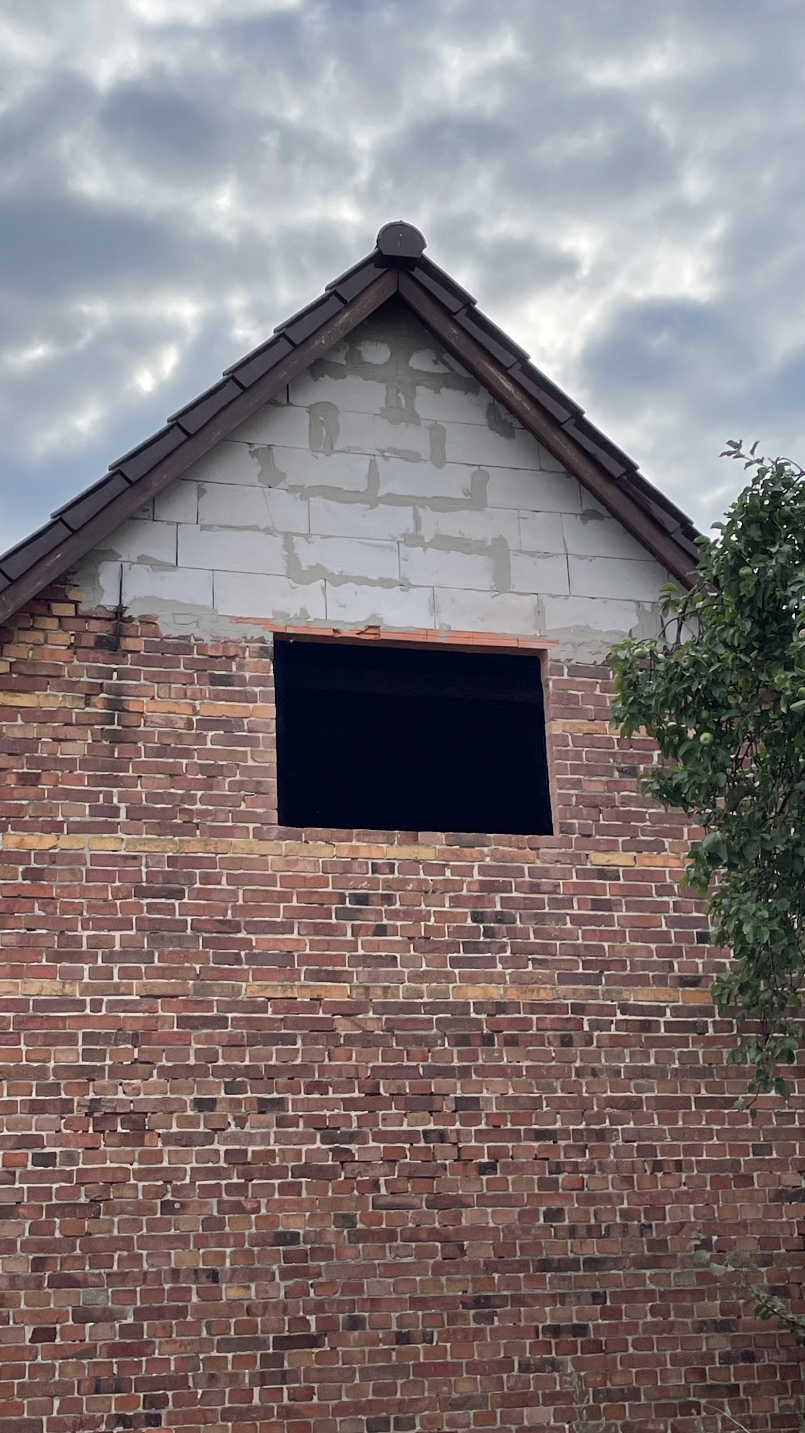 Budowa domu z cegły i bloczków, z widocznym otworem okiennym i fragmentem dachu. W tle pochmurne niebo i drzewo.