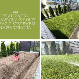 Mariusz Gulej Ogrodowe Love Usługi ogrodnicze. - Realizacja trawnika z rolki i systemu nawadniania w Łodzi. Widok na świeżą trawę, zraszacze w akcji i przygotowany teren pod trawnik. Estetyczny ogród.