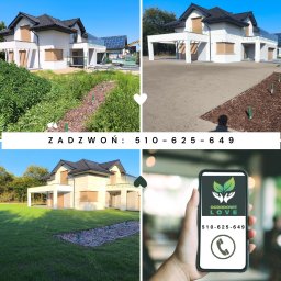 Mariusz Gulej Ogrodowe Love Usługi ogrodnicze. - Kompozycja 'przed i po': dom z ogrodem przed i po realizacji. Zarośnięty teren kontra trawnik i rabaty z korą. Reklama firmy ogrodniczej z numerem telefonu.