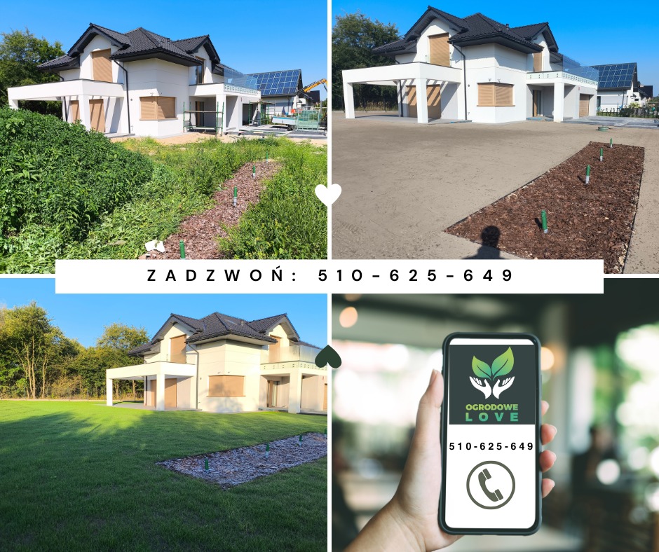 Kompozycja 'przed i po': dom z ogrodem przed i po realizacji. Zarośnięty teren kontra trawnik i rabaty z korą. Reklama firmy ogrodniczej z numerem telefonu.