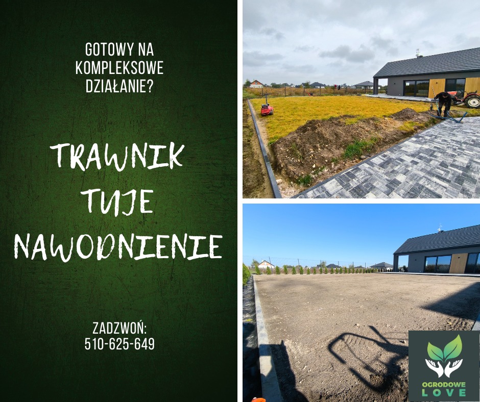 Kompleksowe zakładanie ogrodu: przygotowanie terenu, trawnik z rolki, tuje i system nawadniania. Widok przed i po realizacji, nowoczesny dom w tle.