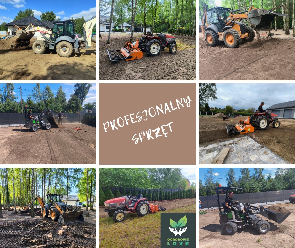 Kolaż zdjęć prezentujący różnorodny, profesjonalny sprzęt ogrodniczy w akcji: traktory, koparki i miniładowarki podczas prac ziemnych i przygotowania terenu pod trawnik.
