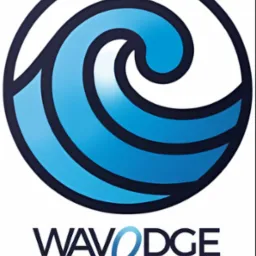Logo firmy WAVEDGE: stylizowana, błękitna fala w okręgu z ciemnoniebieskim obrysem, nazwa firmy w kolorze ciemnoniebieskim z błękitnym akcentem.