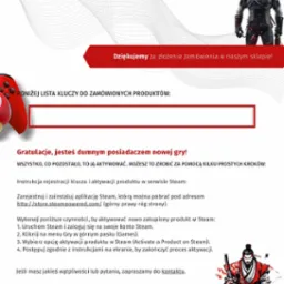 E-mail z podziękowaniem za zamówienie gry online, zawierający listę kluczy aktywacyjnych i instrukcję rejestracji w Steam, z grafiką postaci z gier.