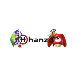 WaveEdge Kacper Marcinkowski - Abstrakcyjna grafika z postaciami z gier, logo firmy 'hanz' w centrum, na białym tle. Sonic, postać z Tekkena i motywy z Mario Bros.