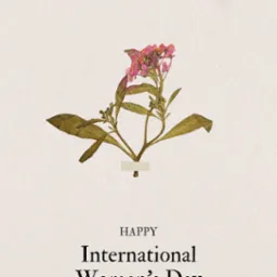 Delikatny, zasuszony kwiat z różowymi płatkami, przyklejony taśmą, na kremowym tle z napisem 'Happy International Women's Day'.