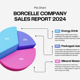 WaveEdge Kacper Marcinkowski - Kolorowy wykres kołowy 3D prezentujący raport sprzedaży Borcelle Company 2024 z podziałem na Energy Drink (30%), Packaged Juice (25%) i Mineral Water (45%).