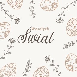 WaveEdge Kacper Marcinkowski - Grafika z napisem 'Wesołych Świąt', otoczona stylizowanymi jajkami wielkanocnymi i gałązkami w odcieniach beżu na kremowym tle. Minimalistyczny, świąteczny design.