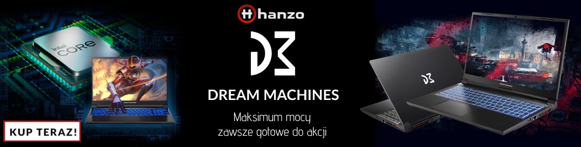 Baner reklamowy laptopów Dream Machines z procesorem Intel Core, podkreślający ich moc i gotowość do akcji, z logo Hanzo i hasłem 'Kup Teraz!'