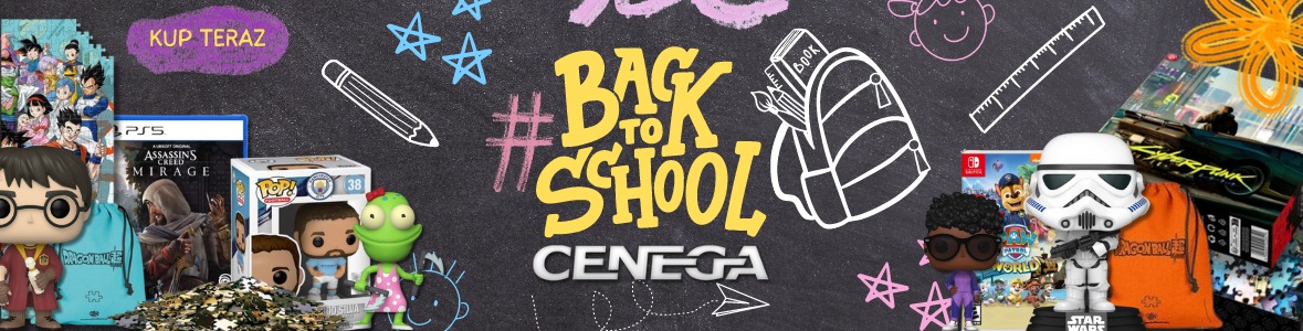 Grafika 'Back to School' z produktami CENEGA: figurki, gry PS5, puzzle. Promocja dla uczniów we Wrocławiu z okazji rozpoczęcia roku szkolnego. Różnorodność oferty.