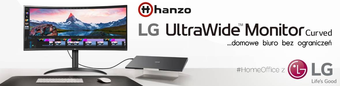 Zakrzywiony monitor LG UltraWide na biurku z klawiaturą i myszą. Ekran wyświetla program do edycji wideo z górskim krajobrazem. Logo Hanzo i LG.
