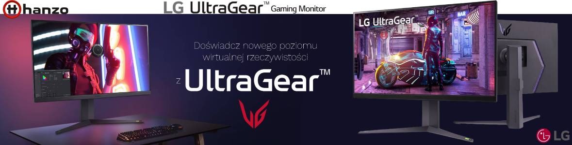 Prezentacja monitorów LG UltraGear z żywymi kolorami i dynamicznymi obrazami, ukazująca nowy poziom wirtualnej rzeczywistości dla graczy.