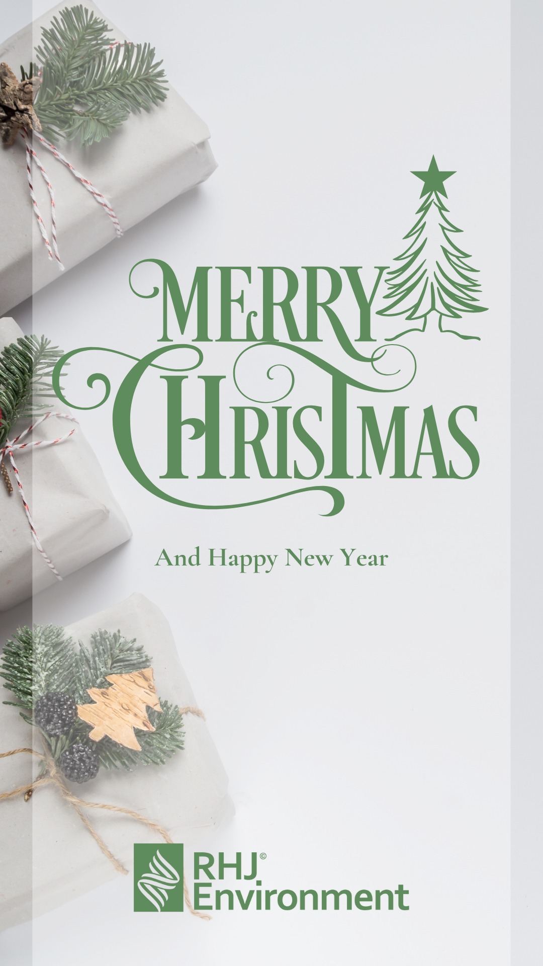 Świąteczna grafika z życzeniami 'Merry Christmas' i 'Happy New Year', prezentami z gałązkami i logo firmy RHJ Environment w zielonej kolorystyce.