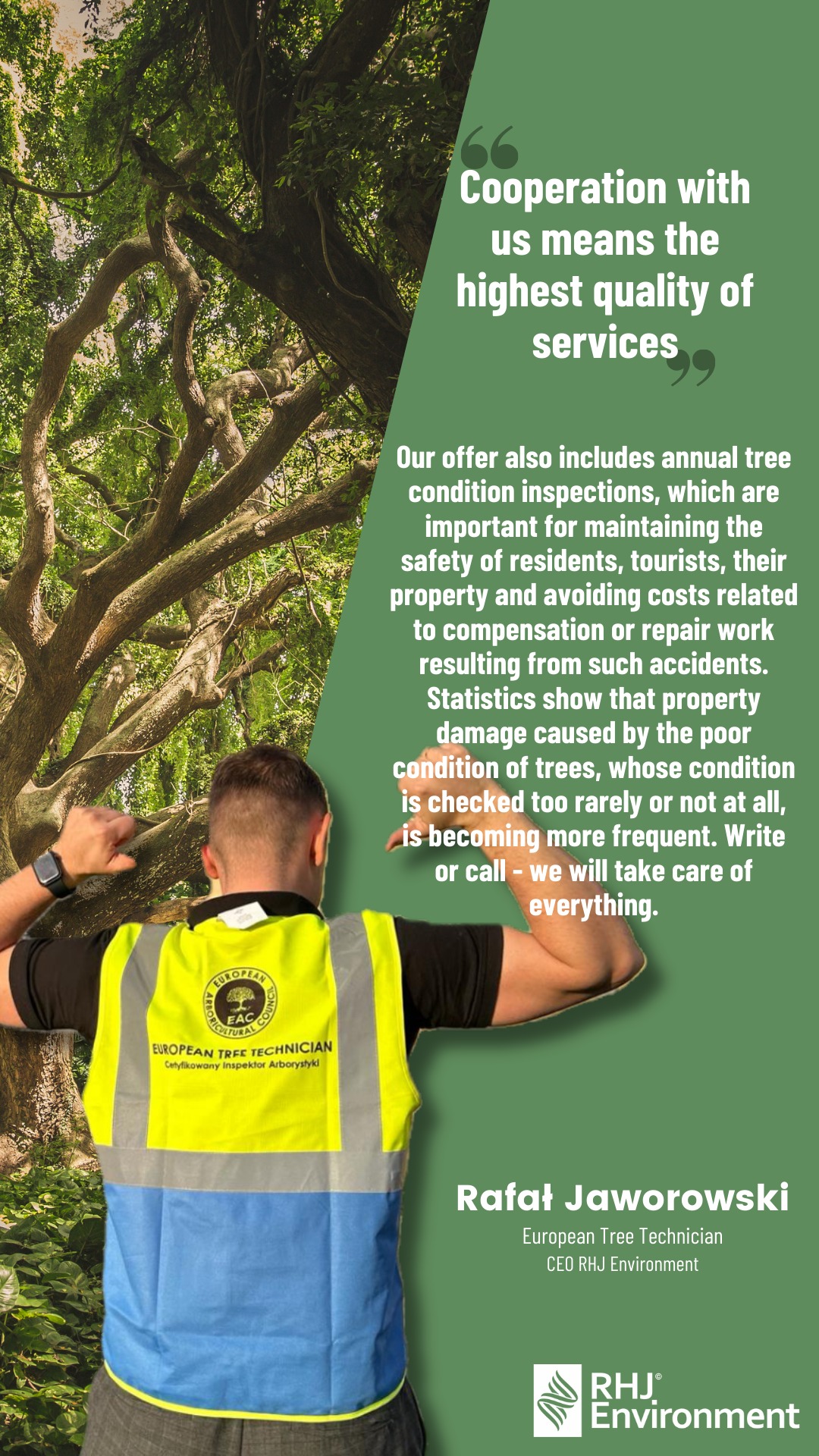 Mężczyzna w kamizelce inspekcyjnej na tle drzewa i tekstu o inspekcji drzew. Oferta firmy RHJ Environment, certyfikowany inspektor arborystyki, Rafał Jaworowski.