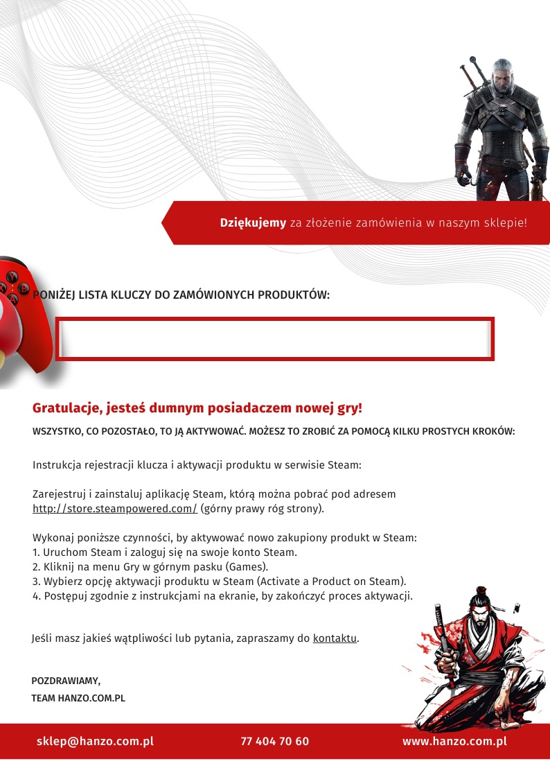 E-mail z podziękowaniem za zamówienie gry online, zawierający listę kluczy aktywacyjnych i instrukcję rejestracji w Steam, z grafiką postaci z gier.
