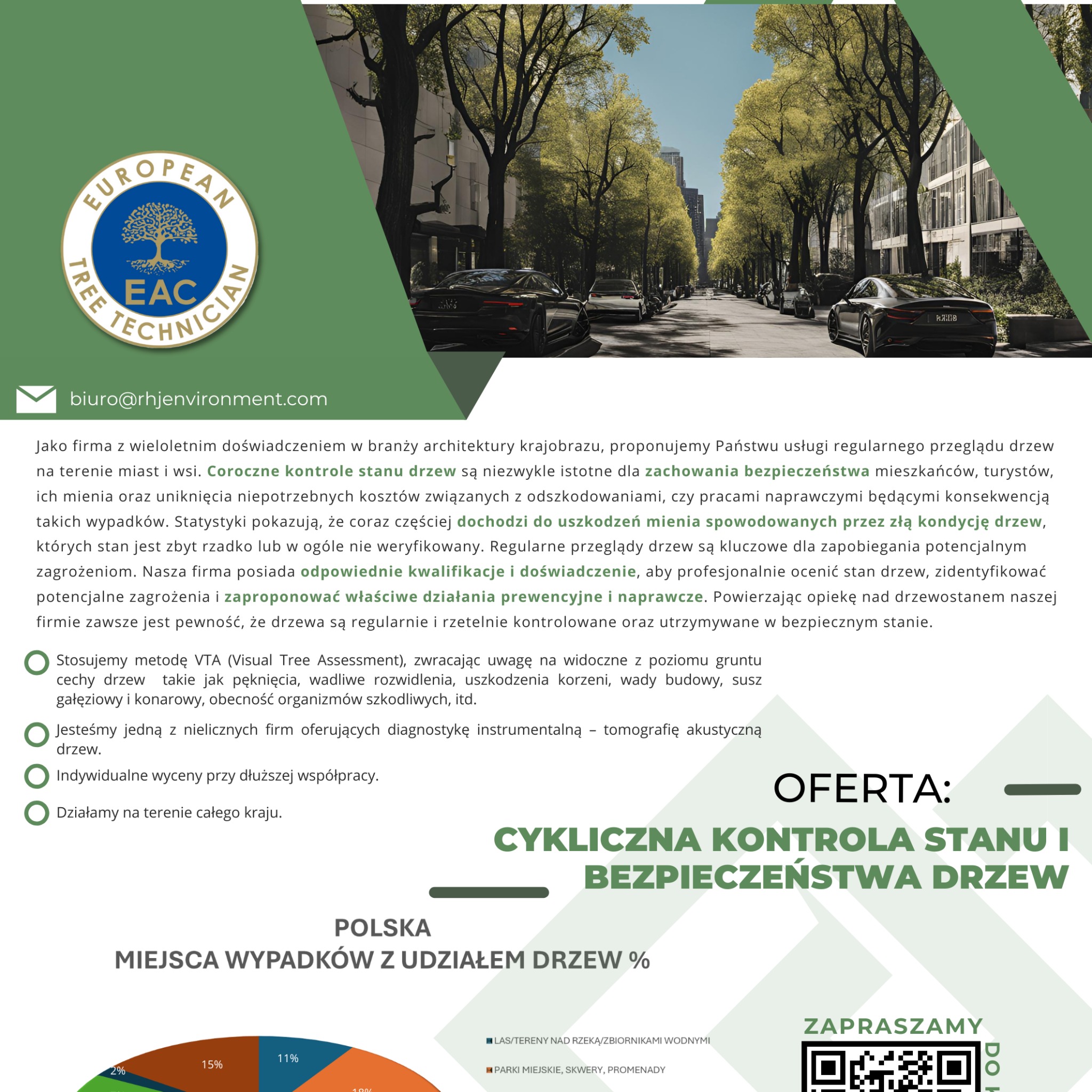 Oferta cyklicznej kontroli stanu i bezpieczeństwa drzew. Logo firmy EAC, ulica z drzewami, statystyki wypadków z udziałem drzew i kod QR do kontaktu.