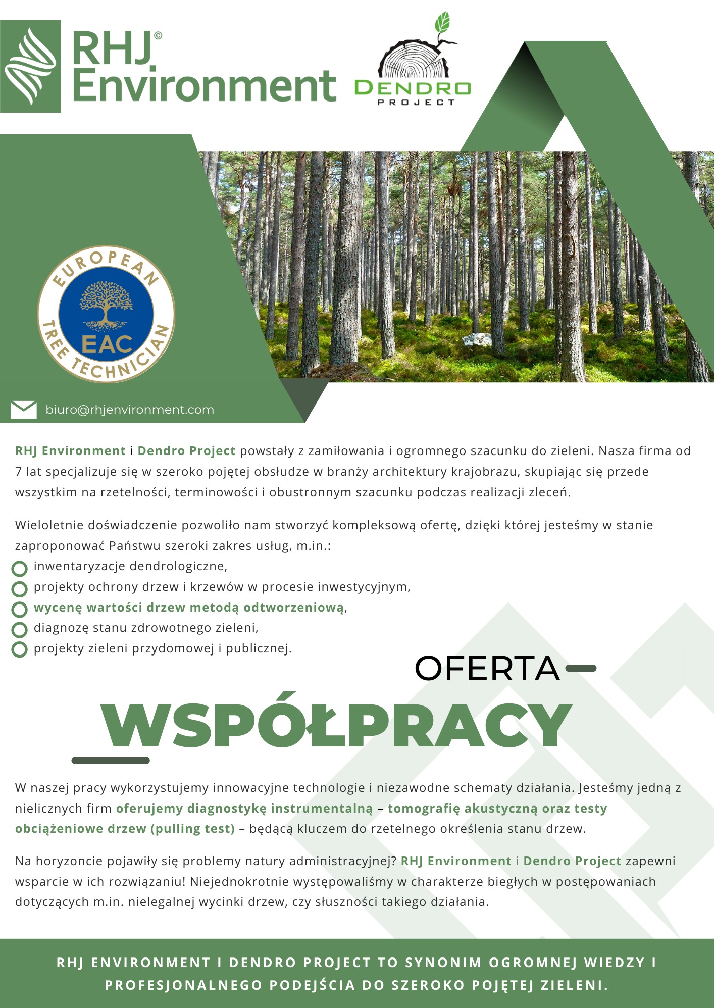 Baner reklamowy RHJ Environment i Dendro Project. Oferta współpracy w zakresie architektury krajobrazu, inwentaryzacji dendrologicznej i diagnostyki drzew.