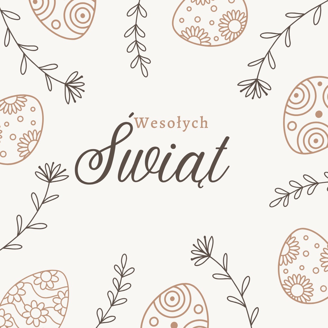 Grafika z napisem 'Wesołych Świąt', otoczona stylizowanymi jajkami wielkanocnymi i gałązkami w odcieniach beżu na kremowym tle. Minimalistyczny, świąteczny design.