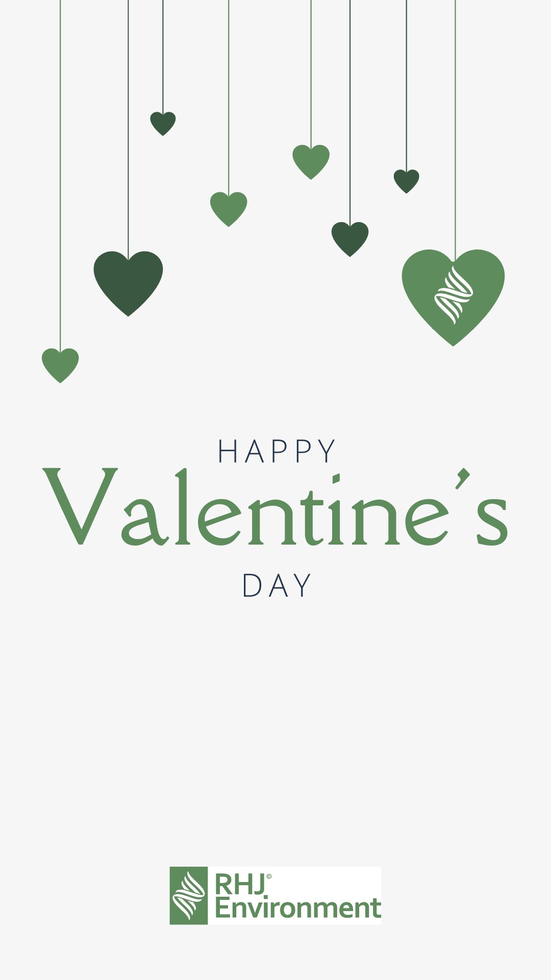 Grafika z okazji Walentynek z zielonymi sercami na sznurkach i logo firmy RHJ Environment w dolnej części. Napis 'Happy Valentine's Day' w zieleni.