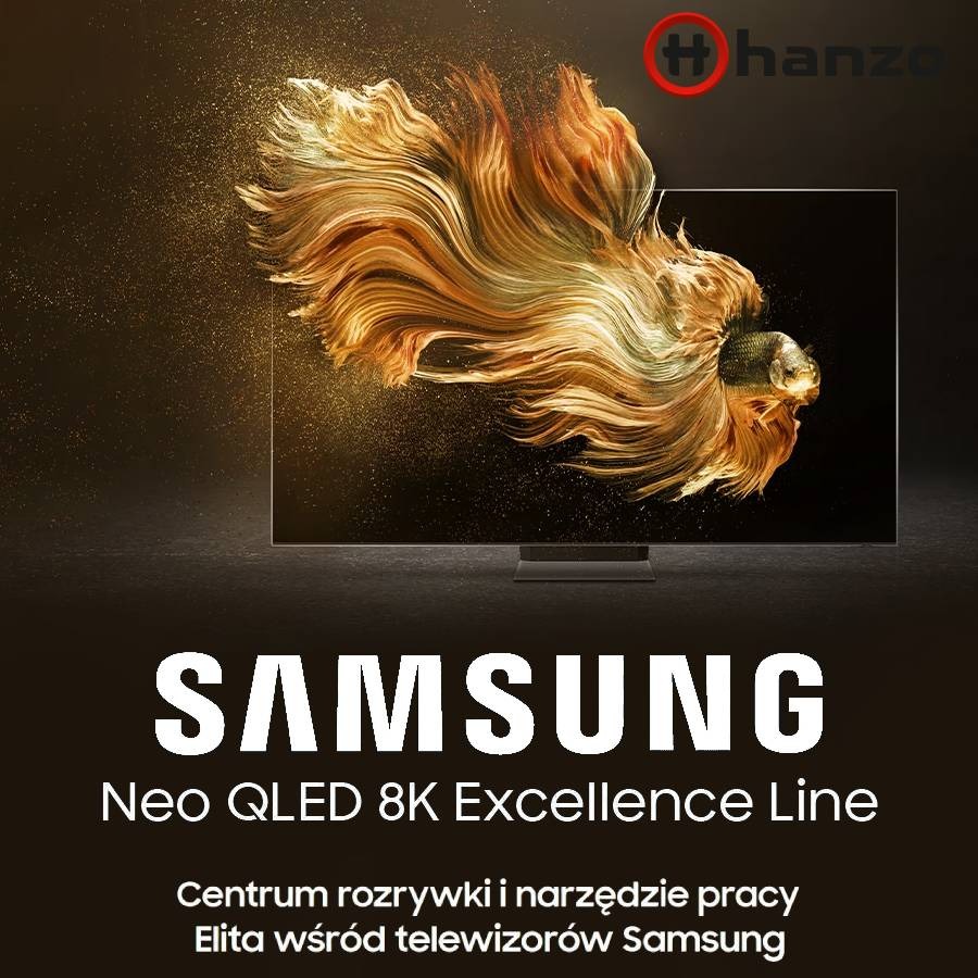 Telewizor Samsung Neo QLED 8K Excellence Line z abstrakcyjną grafiką złotego, płynącego kształtu. Logo Hanzo w prawym górnym rogu. Reklama centrum rozrywki i pracy.