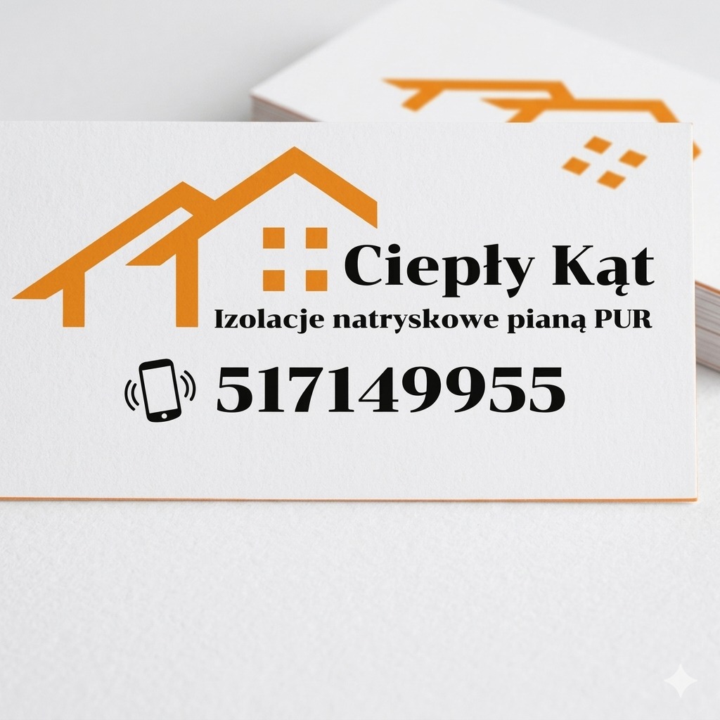 Wizytówka firmy 'Ciepły Kąt' z pomarańczowym logo domu i napisem 'Izolacje natryskowe pianą PUR' oraz numerem telefonu na białym tle.