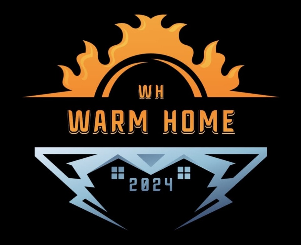 Grafika 'Warm Home' z płomieniami i symbolem domu z błyskawicami, rok 2024, na czarnym tle. Logo firmy.