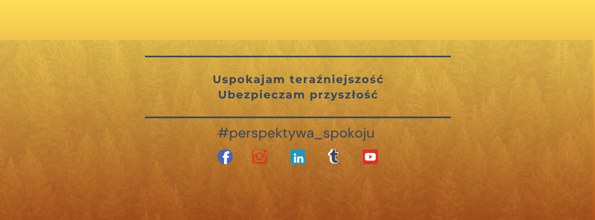 Grafika z hasłem 'Uspokajam teraźniejszość, ubezpieczam przyszłość' i ikonami social media na tle w odcieniach złota, nawiązująca do spokoju i bezpieczeństwa.