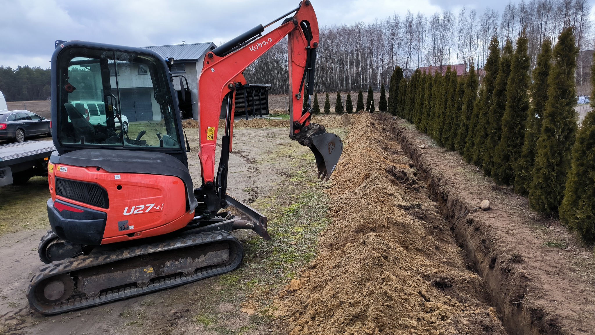Czerwona mini koparka Kubota U27-4 w trakcie wykonywania wykopu pod drenaż wzdłuż rzędu tuj. Świeżo wykopana ziemia obok rowu. Sprzęt na działce.