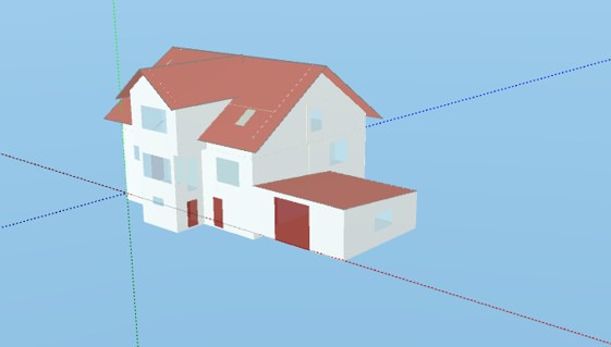 Model 3D domu jednorodzinnego z garażem, widok z góry, czerwony dach i drzwi, białe ściany, niebieskie tło, widoczne linie pomocnicze.