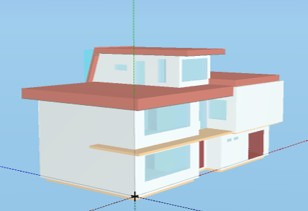 Model 3D nowoczesnego domu jednorodzinnego z płaskim dachem i dużymi oknami, prezentowany w perspektywie z lekkim kątem, na jasnoniebieskim tle.