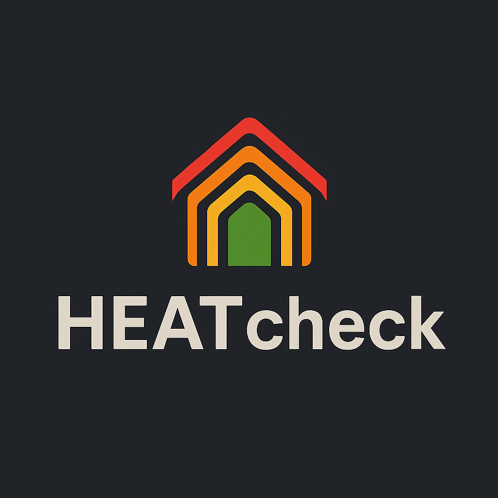 Logo firmy HEATcheck z symbolem domu w odcieniach czerwieni, pomarańczy, żółci i zieleni na ciemnoszarym tle. Minimalistyczny design, nowoczesny font.